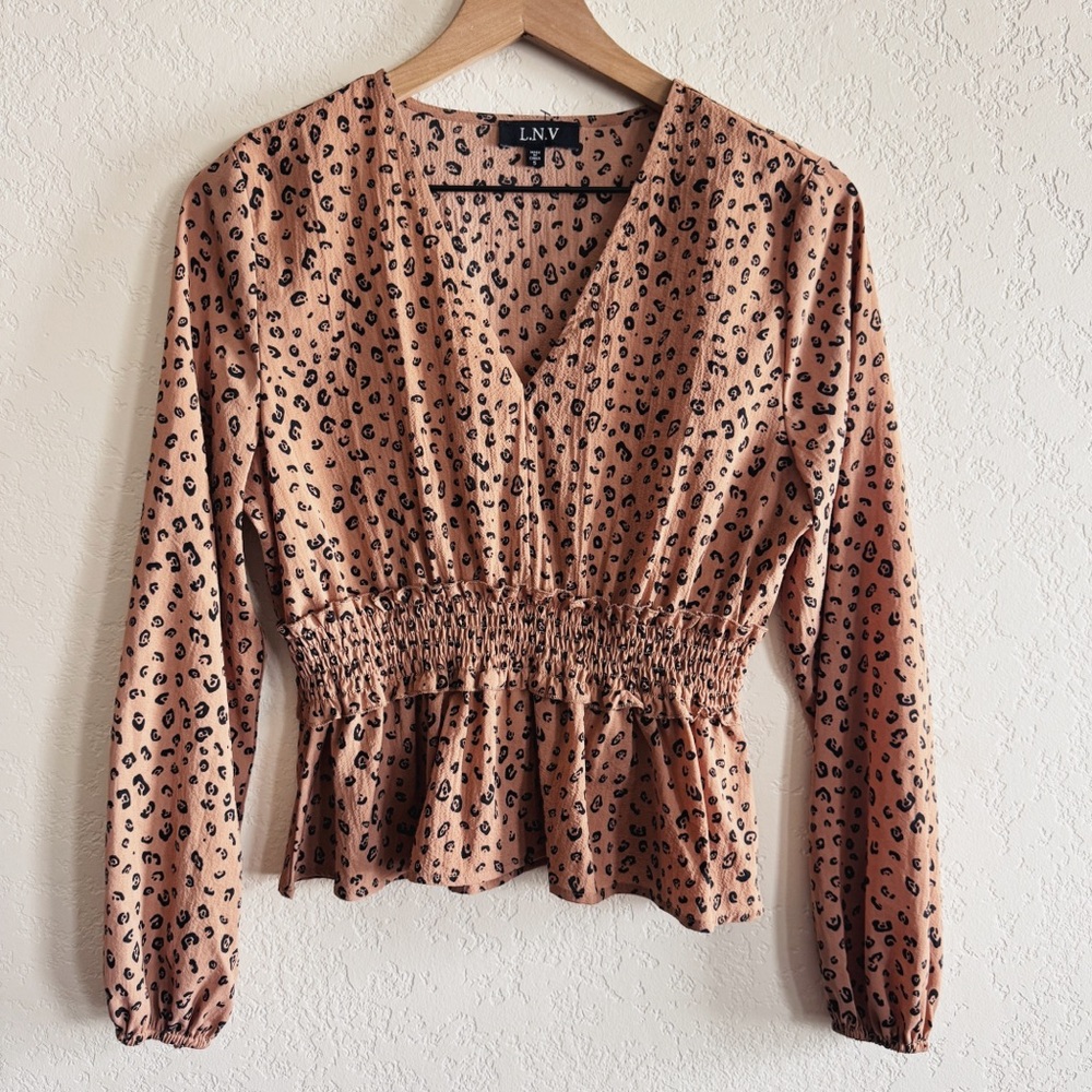 LNV | leopard smocked long sleeve blouse | S